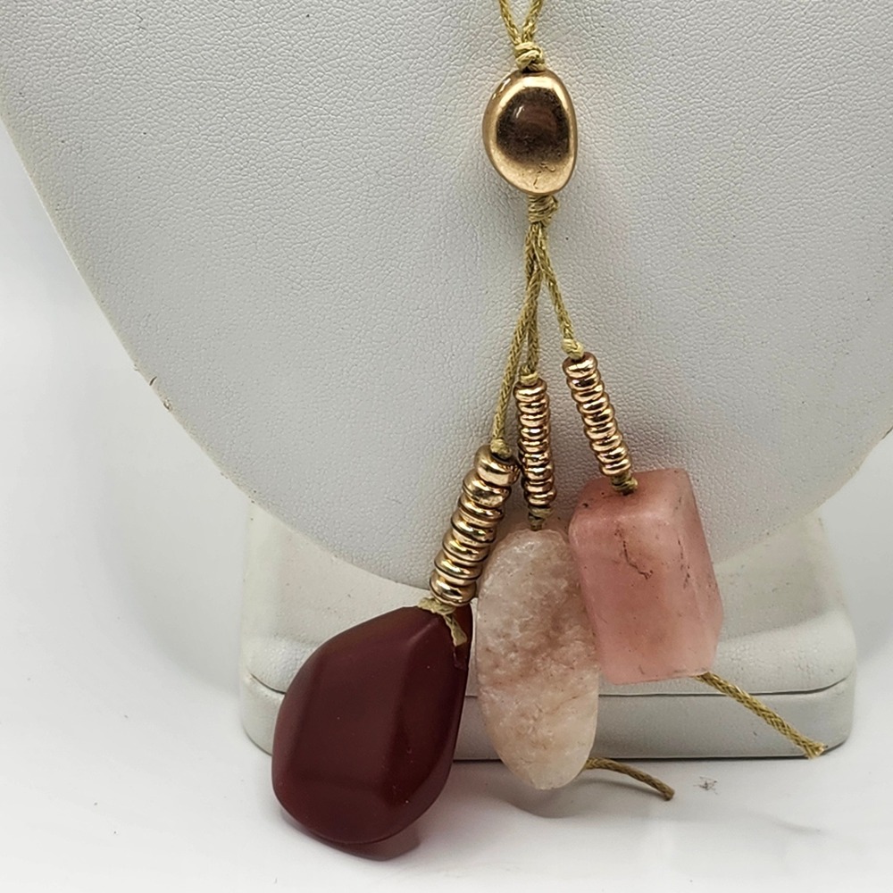 Boho Natural Stone Tassel Pendant Necklace Gold Cord‎ Adjustable Sliding Knot